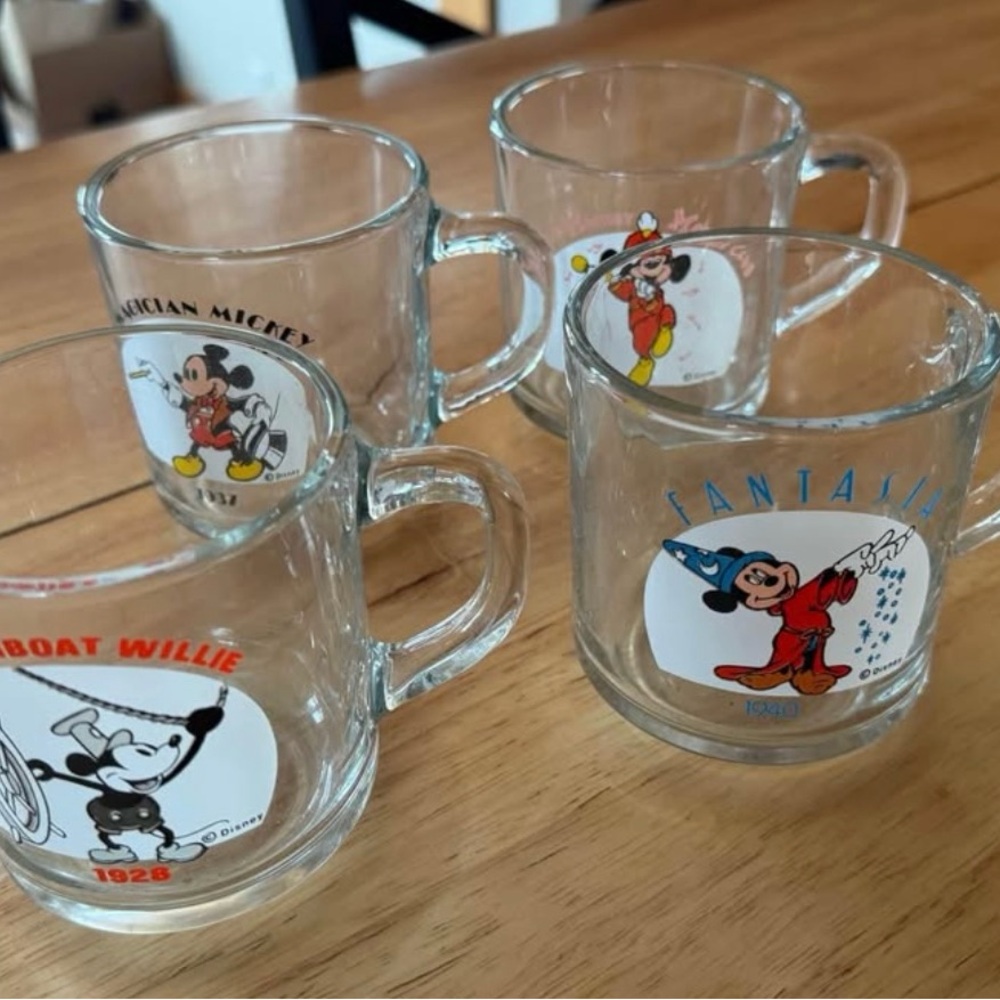 Vintage Disney Mickey Mouse Glass Mug Set. Set of four.
